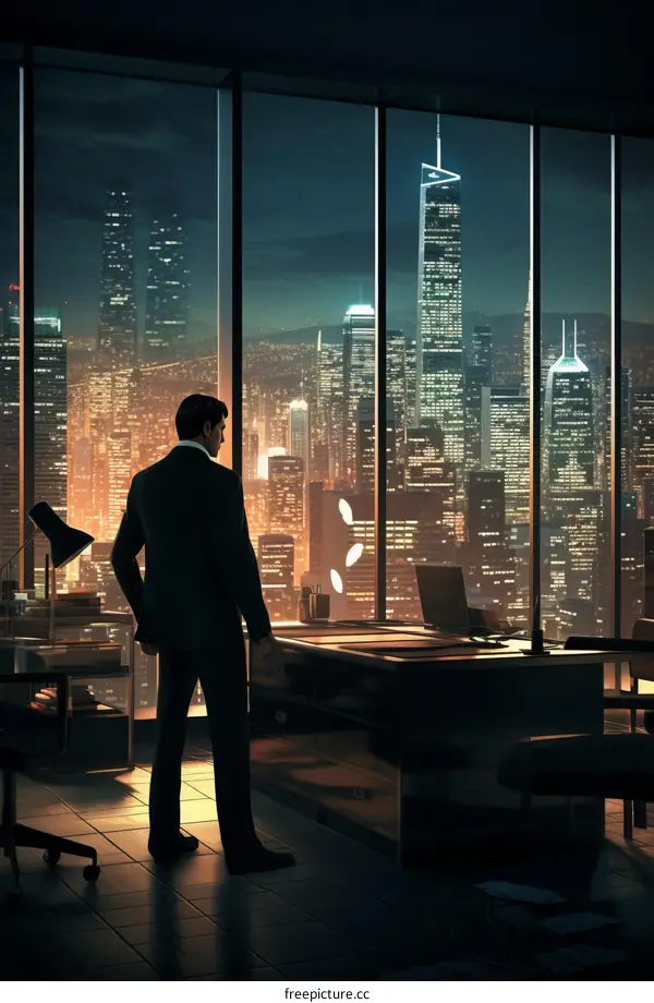 Businessman looking at the night city from the office window