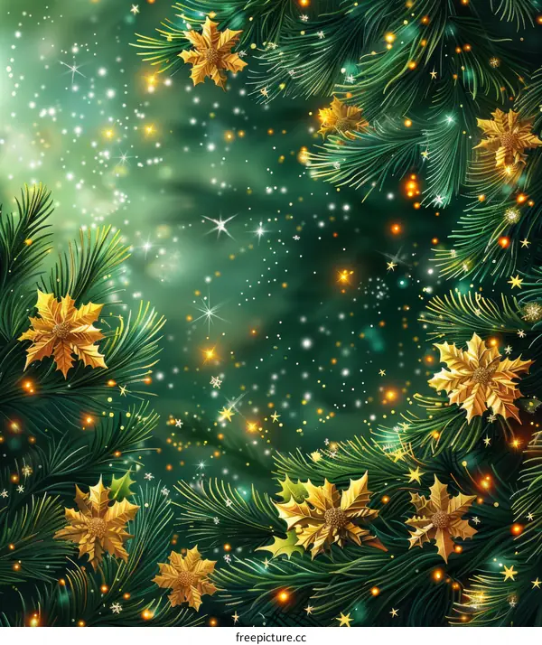 Golden Holly and Snow in Festive Background