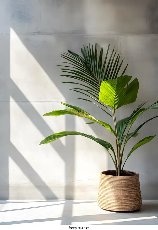 Tropical Plant in a Wicker Basket Against a Grey Wall with Sunlight Streaming Through a Window