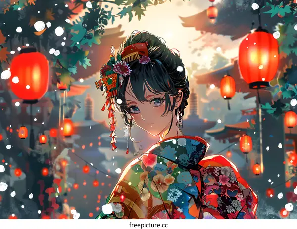 A young woman in a kimono standing in a snowy street with red lanterns.