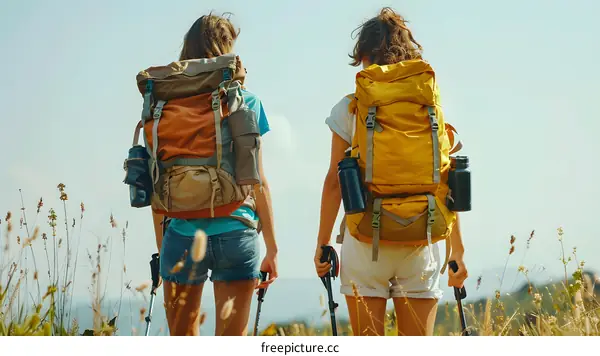 Two Female Hikers with Backpacks on a Sunny Day