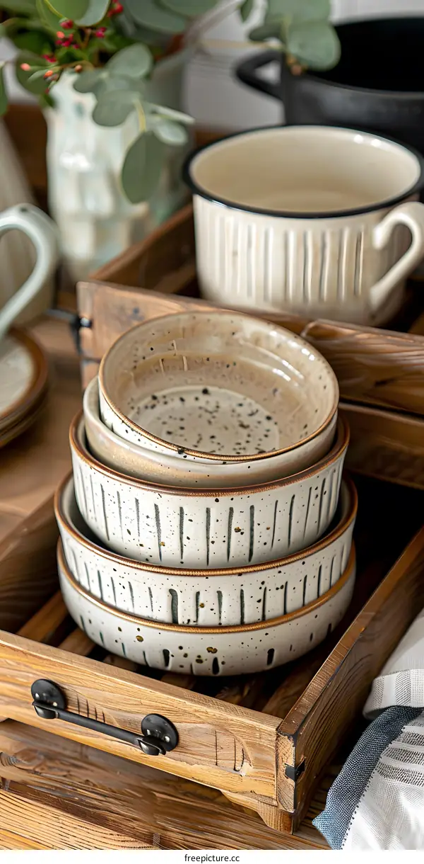 White Ceramic Bowls in Wooden Tray