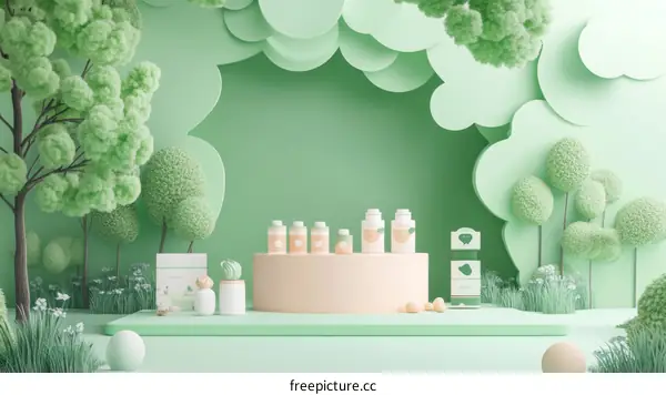 Pastel Green Forest Scene with Health Products Display