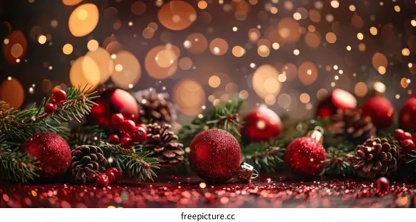 Christmas Decor With Red, Gold Ornaments, Pine Branches