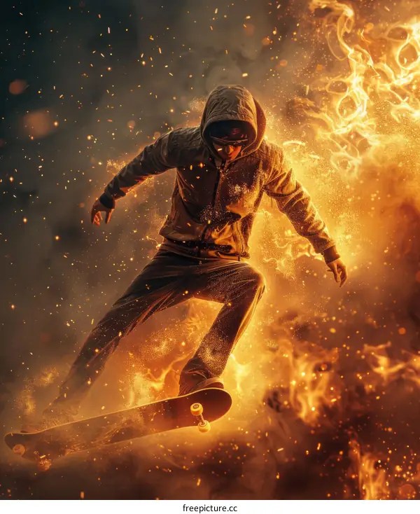 Young man skateboarding on fire