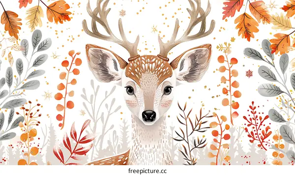 Cute Watercolor Deer with Autumn Leaves and Snowflakes