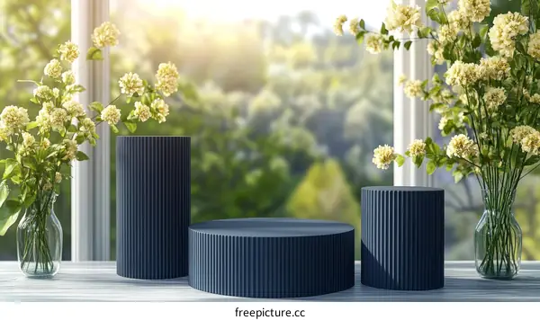 Modern Floral Display with Dark Blue Pedestals
