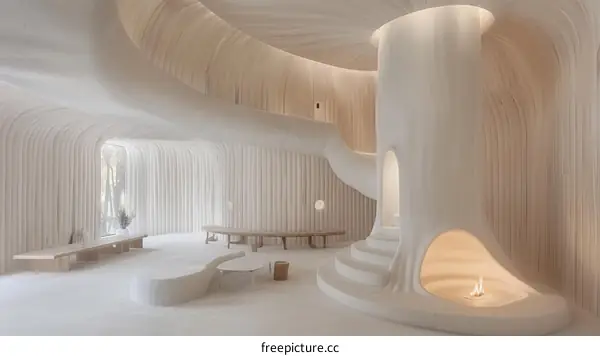 An organic and futuristic interior space with a sculptural staircase