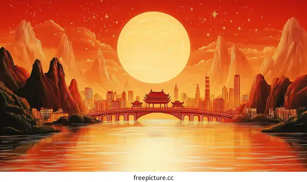 Oriental Cityscape Under a Full Moon