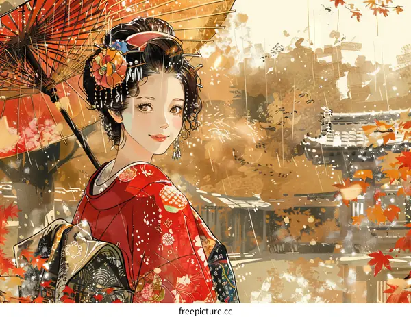 A beautiful Japanese woman in a red kimono holding an umbrella in the rain.