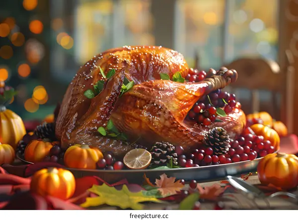 Roasted turkey with all the trimmings for Thanksgiving dinner