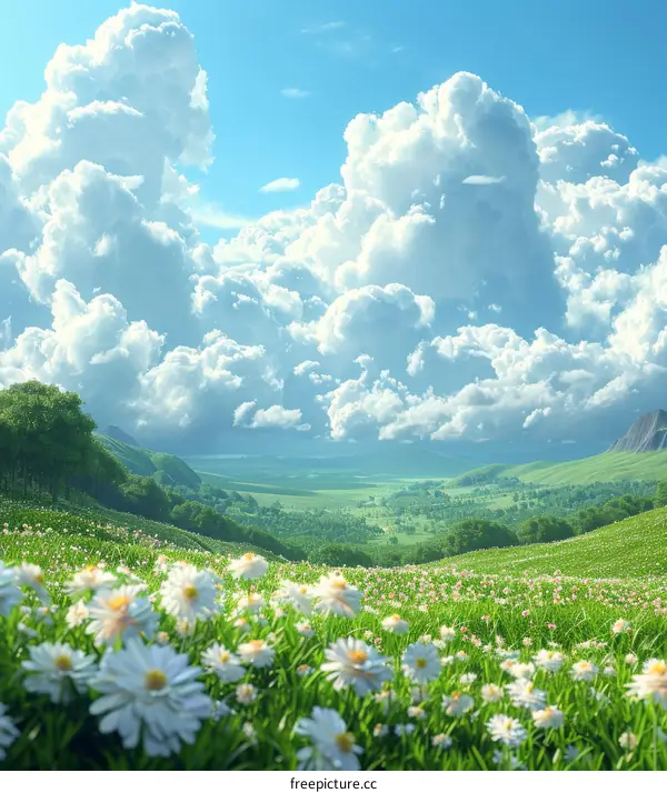 Idyllic Landscape with Daisies and Rolling Hills