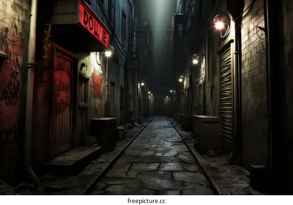 A Dirty Alley with a Red Door at Night