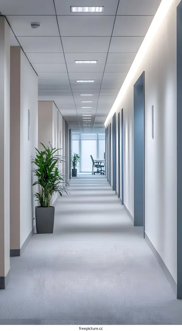 Modern Office Hallway with White Walls and Grey Carpet