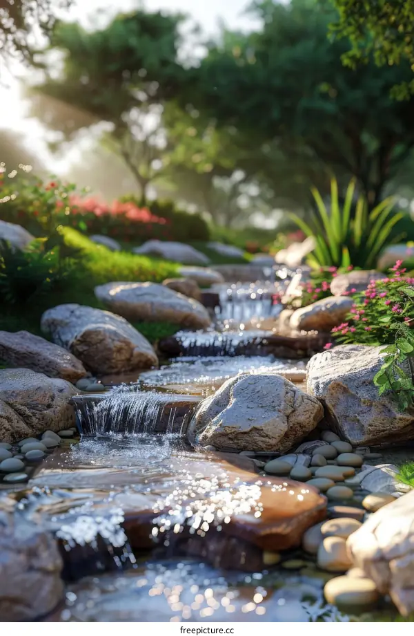 Nature Stream Flowing Through Rocks Garden Design