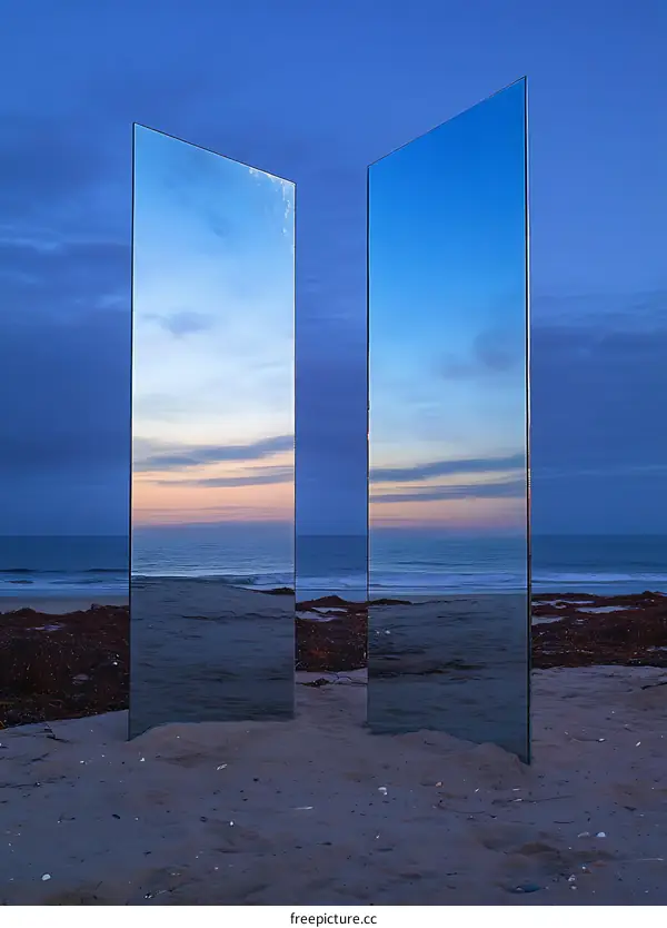 Reflective Panels on Beach at Sunset