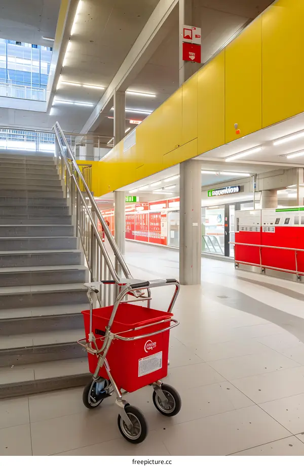 Red Shopping Cart in Modern Building Interior