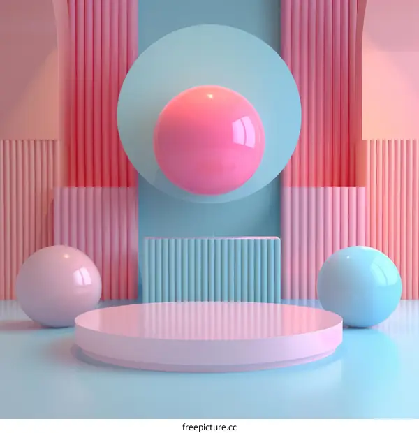 Pink and blue pastel color 3D rendering background scene with podium and geometrical shapes