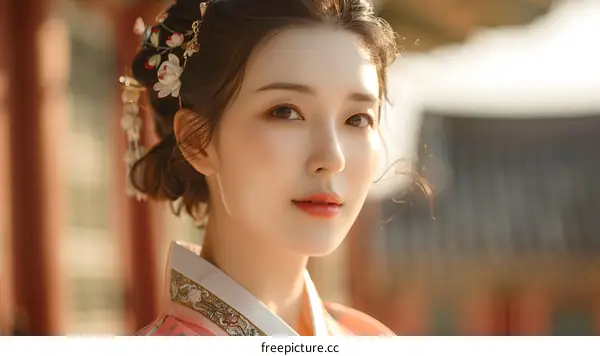 Portrait of a beautiful young woman in traditional Korean dress, or Hanbok