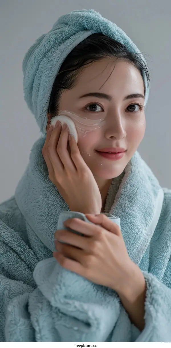 A woman in a blue towel is applying cream to her face