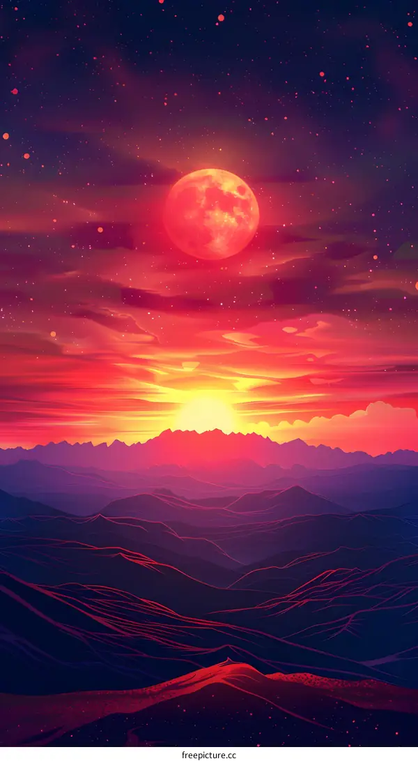 A red moon rises over a mountain range.