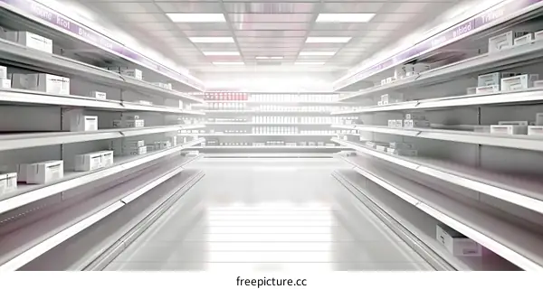 Empty Supermarket Shelves in a White Store