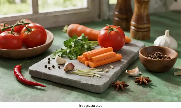 Fresh vegetables and spices arranged on kitchen counter for healthy cooking