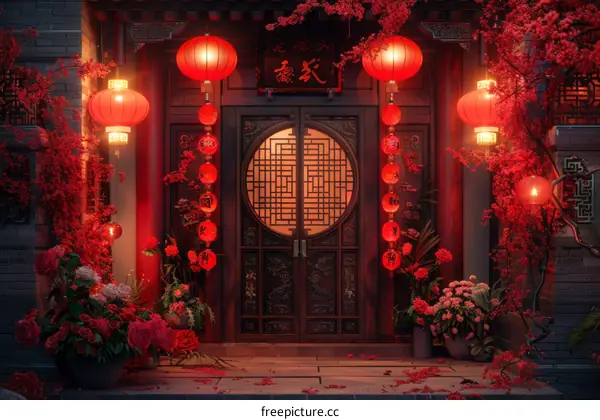 Chinese New Year Entrance Decorated with Lanterns and Flowers