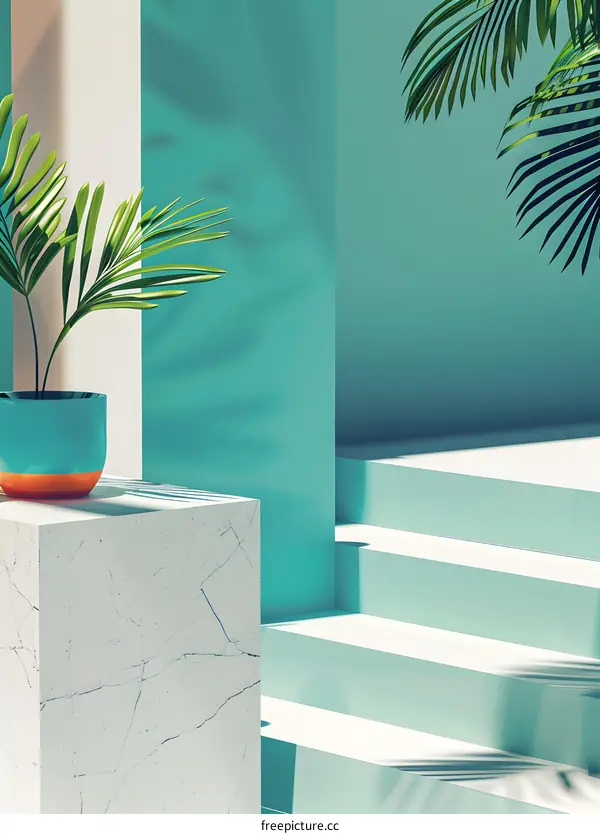 Minimalist 3D Render of Green Plant on White Pedestal with Teal Background