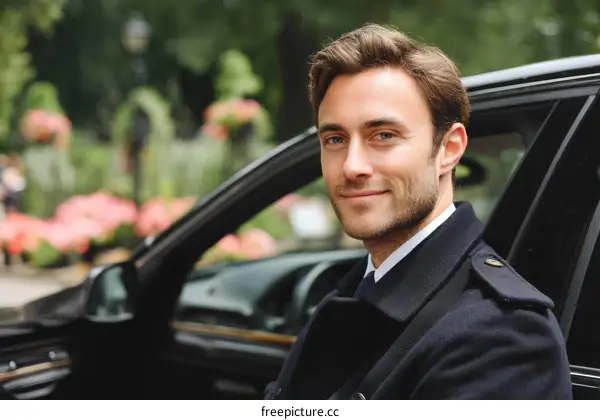 Businessman by a Black Car in a City Park