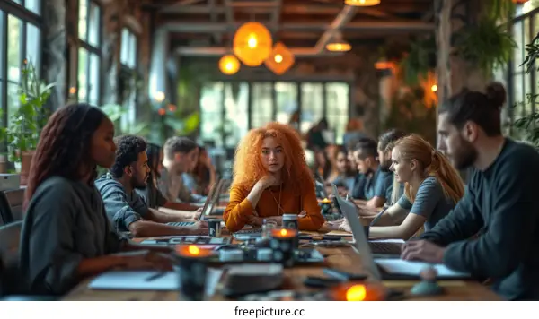 A group of people sitting around a table having a meeting