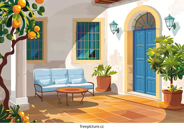 Mediterranean Patio Illustration with Orange Tree and Blue Door