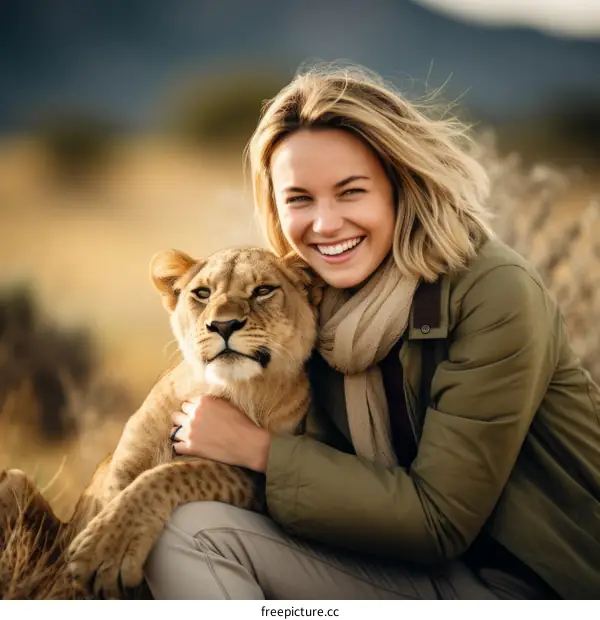 Smiling blonde woman hugging a lion cub