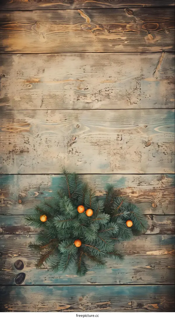 Rustic Christmas Background with Fir Branches and Orange Ornaments