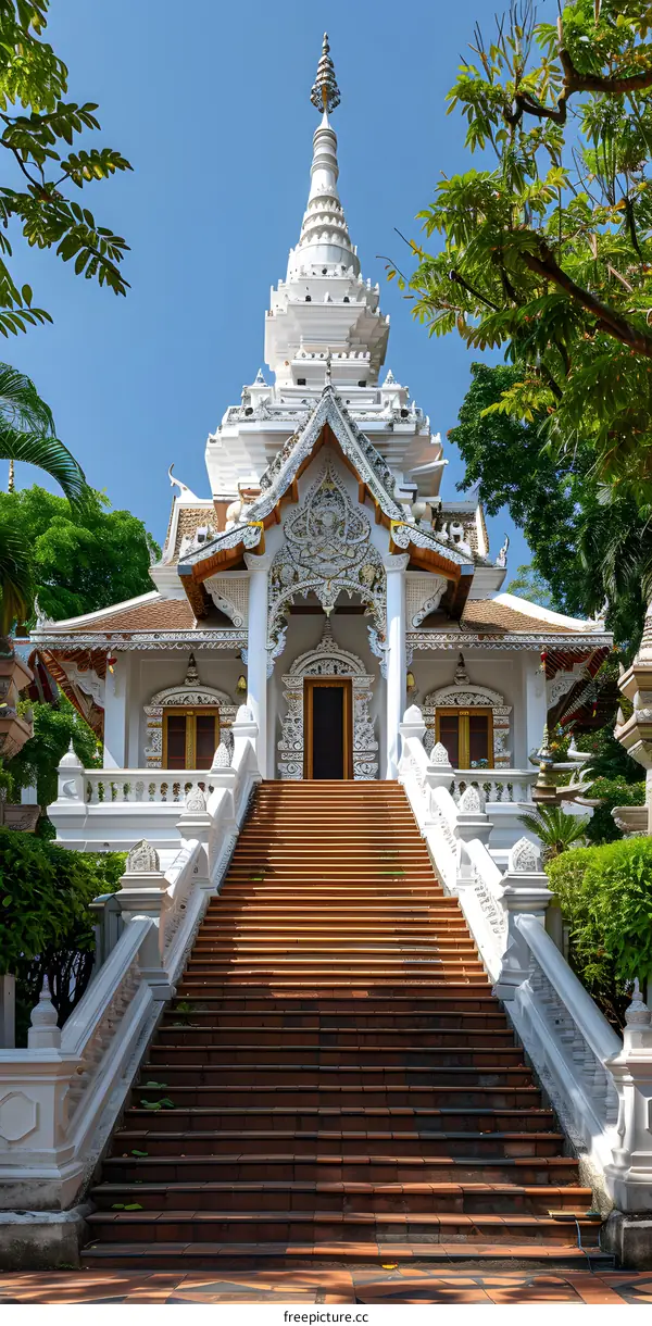 The stairs lead to the ornate entrance of a Buddhist temple with a blue sky in the background