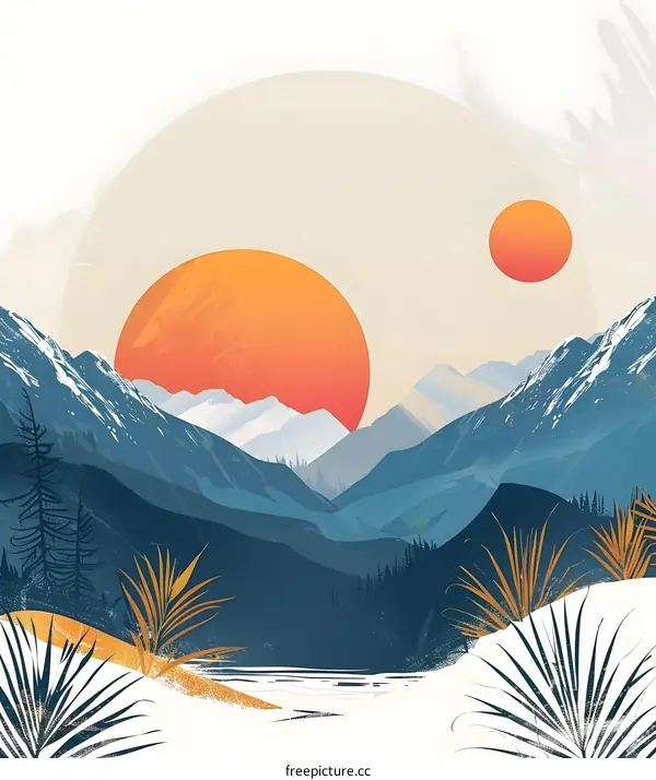 Abstract Mountain Landscape With Two Suns