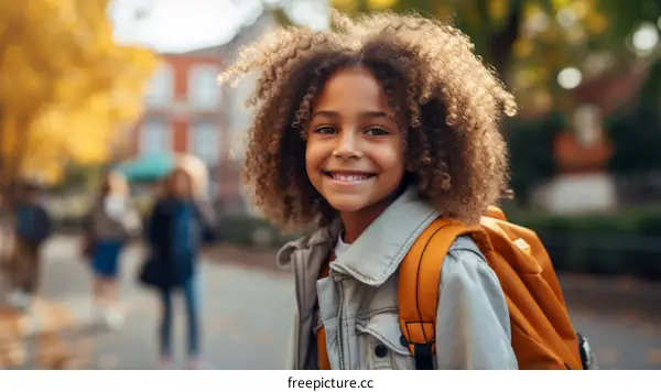 Portrait of a smiling young girl with curly hair wearing a backpack