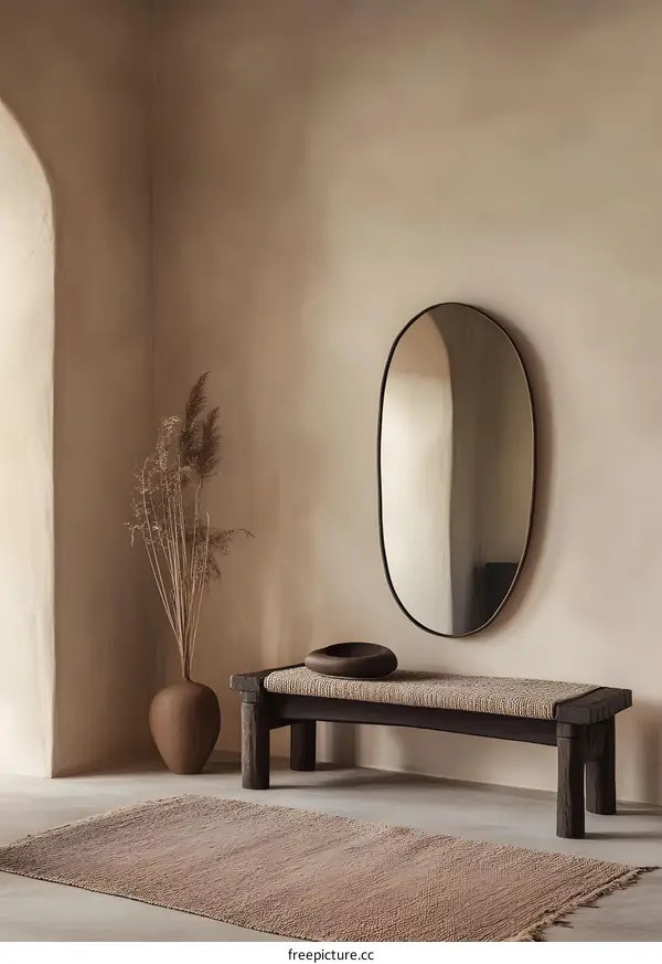 Minimalist Interior Design with Wooden Bench, Oval Mirror, and Jute Rug