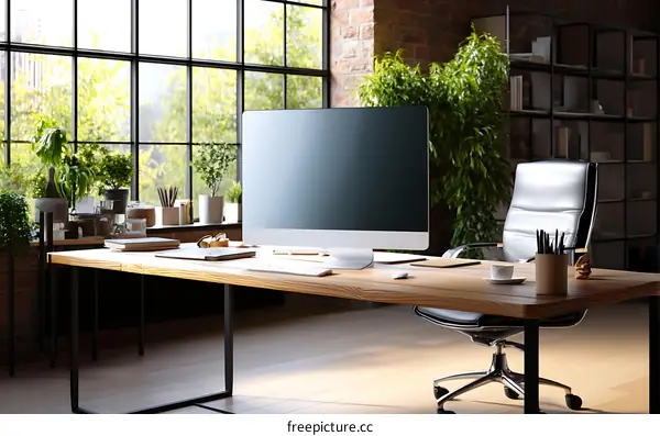 Modern Home Office with Natural Light and Plants