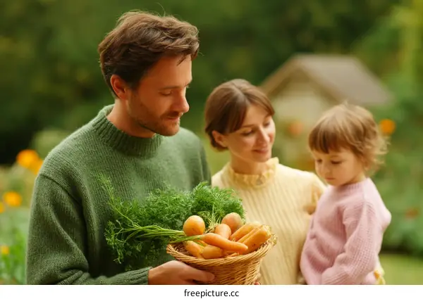 Family Harvests Fresh Carrots in Garden