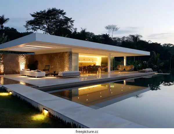 Modern Minimalist Home with Swimming Pool and Stone Wall