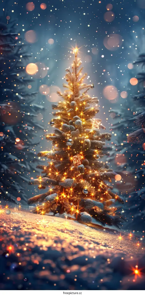 A Christmas tree decorated with lights and ornaments stands in a snowy forest.