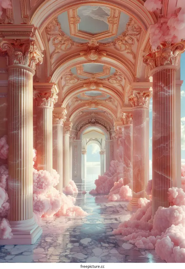 Pink Surreal Architecture with Dreamlike Clouds