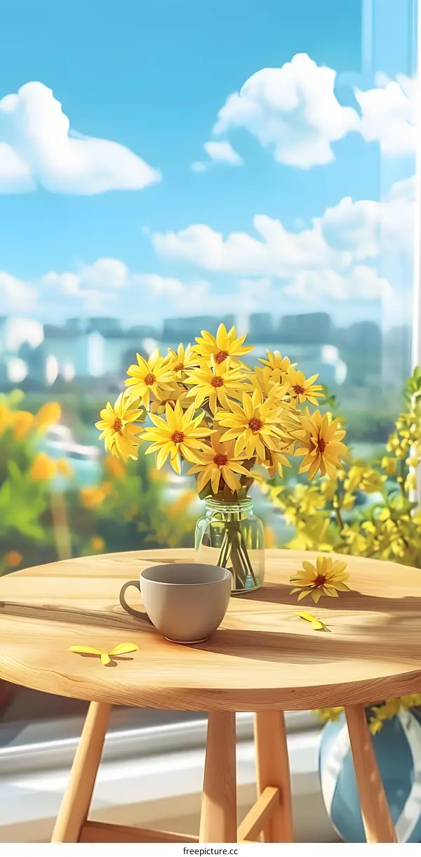 Yellow Flower Bouquet On Wooden Table With Blue Sky Background