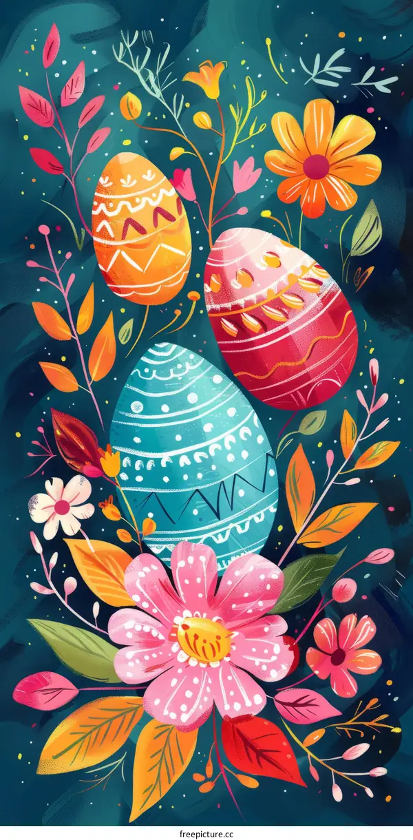 Colorful Easter eggs with spring flowers