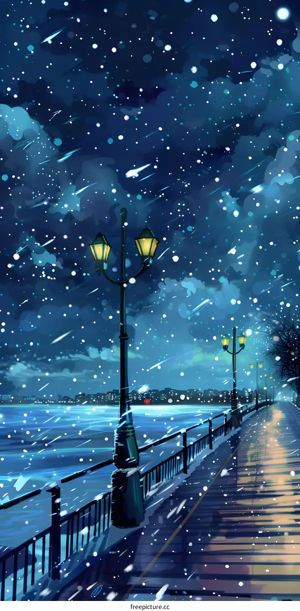 Snowy Night Landscape with Streetlights and Falling Snow