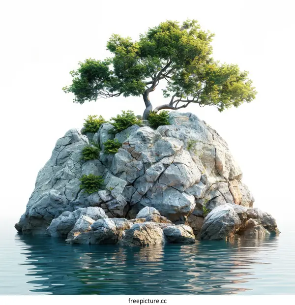 A small tree growing on a rock in the middle of the ocean