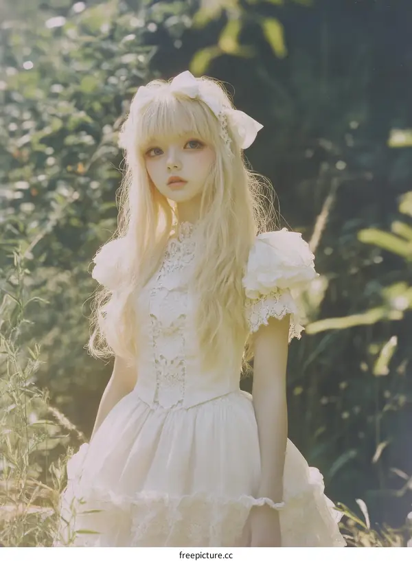 A Beautiful Blonde Girl in a Vintage White Dress