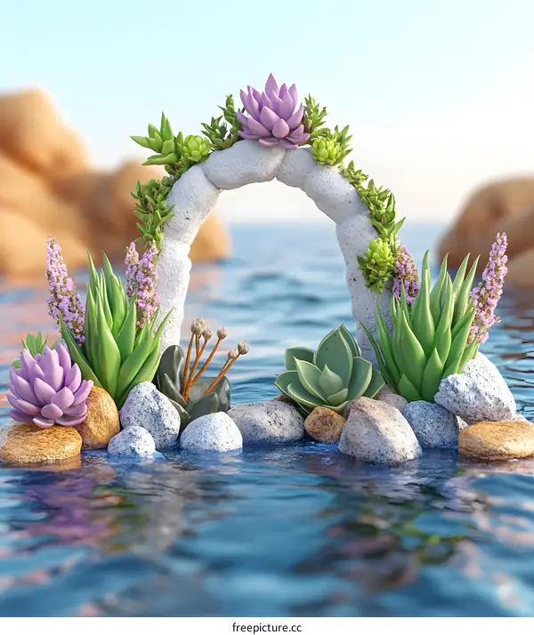 Stone Archway Decorated With Succulents Floating On Water