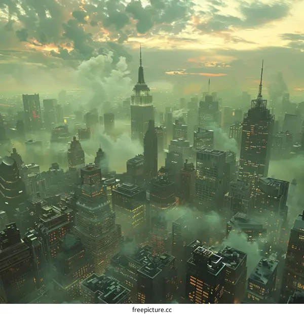 Misty Cityscape Aerial View Illustration